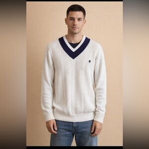 IZOD Cable Knit V Neck Sweater Men XL Cream Tennis Preppy Embroidered Streetwear